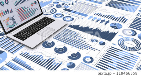 ビジネスデータを表示するノートPCと様々なグラフやチャート、ビジネスデータを分析・検討するイメージ 119466359