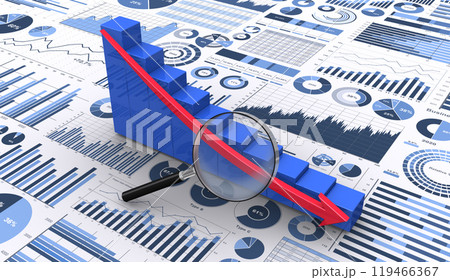 下降する3Dの矢印と棒グラフを虫メガネで見る、業績悪化の検証 119466367