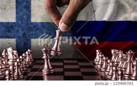 Russia vs Finland flag concept on chessboard. Political tension between Russia and Finland. Migration between Russia and Finland, Border closure 119466391