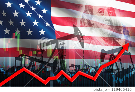 Oil pumps with the USA flag. Oil rise with the US flag. Oil production with USA flag Oil pumps with the USA flag. Oil rise with the US flag. Oil production with USA flag 119466416