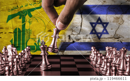 Israel vs Hezbollah flag concept on chessboard. War between Hezbollah and Israel. Conflict between Hezbollah and Israel on pieces of chessboard Israel vs Hezbollah flag concept on chessboard. War between Hezbollah and Israel. Conflict between Hezbollah and Israel on pieces of chessboard 119466611
