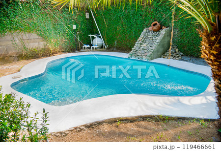 Homemade swimming pool in a garden. Swimming pool designs for the home. Crystal water home pool surrounded by a garden. Home swimming pool maintenance concept 119466661