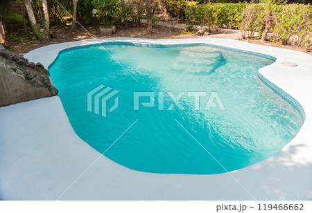 Swimming pool designs for the home. Home swimming pool maintenance concept. Homemade swimming pool in a garden, Crystal water home pool surrounded by a garden Swimming pool designs for the home. Home swimming pool maintenance concept. Homemade swimming pool in a garden, Crystal water home pool surrounded by a garden 119466662