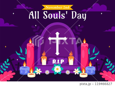 All Souls' Day Vector Illustration to Honor and Commemorate the Souls of Deceased Believers in the Christian Faith Featuring Candles in a Background All Souls' Day Vector Illustration to Honor and Commemorate the Souls of Deceased Believers in the Christian Faith Featuring Candles in a Background 119466827