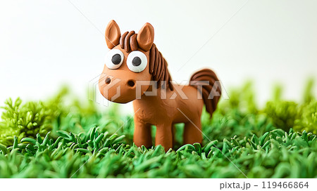 粘土細工風の草の上の可愛い馬の3Dイラスト 119466864