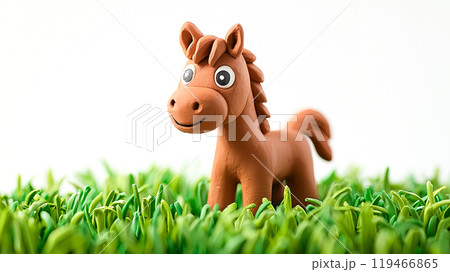 粘土細工風の草の上の可愛い馬の3Dイラスト 119466865