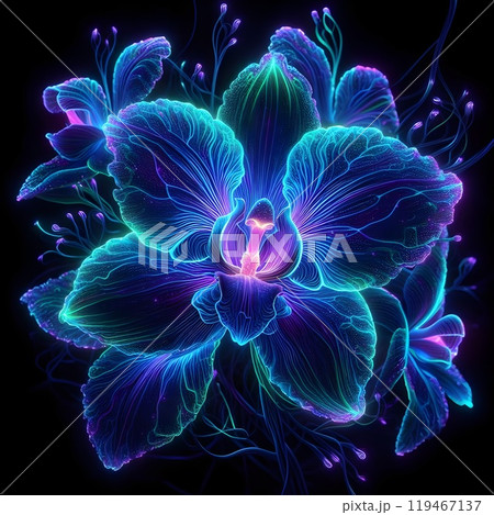 Digital illustration of a glowing holographic thai orchid. 119467137