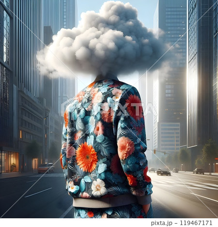Digitla art of a person in urban floral wear, with a cloud as a head. Digitla art of a person in urban floral wear, with a cloud as a head. 119467171