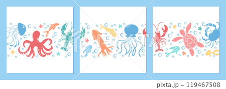 Colorful underwater scene with various marine creatures like octopus, jellyfish, and turtle. Social media post template with sea life amidst bubbles and corals in the ocean water over the reef. 119467508