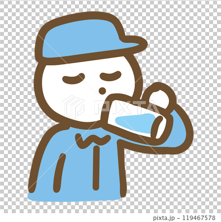 一名年輕男工在休息時補充水分(上半身)。 一名年輕男工在休息時補充水分(上半身)。 119467578