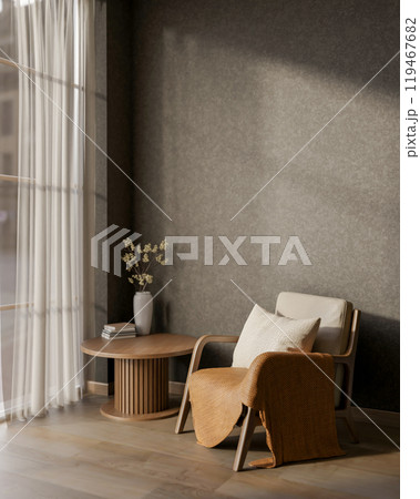 A contemporary living room features an armchair and a round wooden coffee table by the window. 119467682