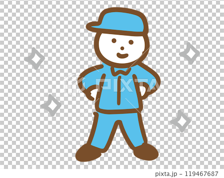 A man in work clothes that stretches his chest 119467687