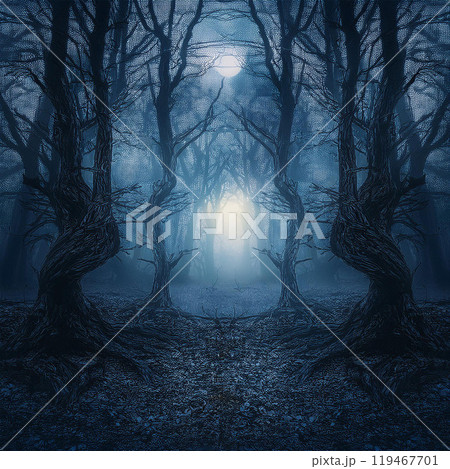 Spooky forest, dark forest, foggy forest, tree shadows, crow sounds, sound of the wind, eerie atmosphere, maze-like paths, crunching leaves, old trees, supernatural occurrences, ghost in the forest, w 119467701
