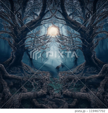 Spooky forest, dark forest, foggy forest, tree shadows, crow sounds, sound of the wind, eerie atmosphere, maze-like paths, crunching leaves, old trees, supernatural occurrences, ghost in the forest, w 119467702