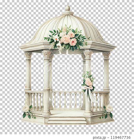 Elegant wedding gazebo adorned with flowers and greenery Elegant wedding gazebo adorned with flowers and greenery 119467736