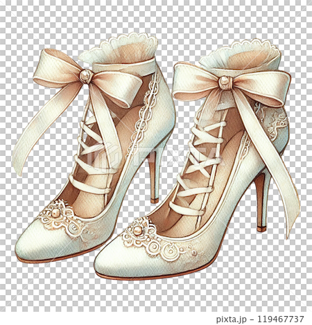 Elegant white high-heeled shoes with lace and bow Elegant white high-heeled shoes with lace and bow 119467737