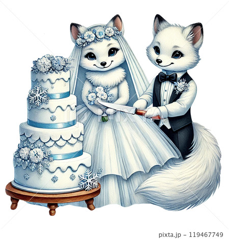 Whimsical fox wedding couple cutting a cake 119467749