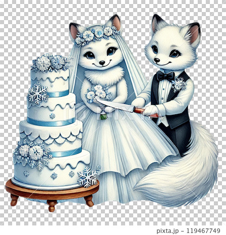 Whimsical fox wedding couple cutting a cake 119467749