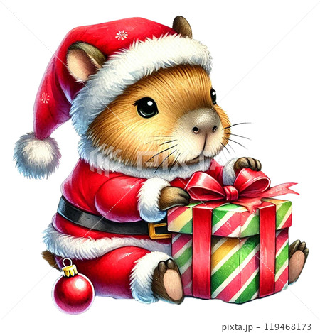 Adorable guinea pig in Santa outfit with gift box. 119468173