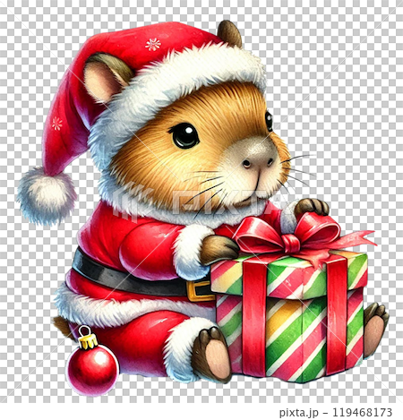 Adorable guinea pig in Santa outfit with gift box. 119468173