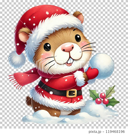 Cute animal in Santa outfit holding a snowball, white isolate background 119468196