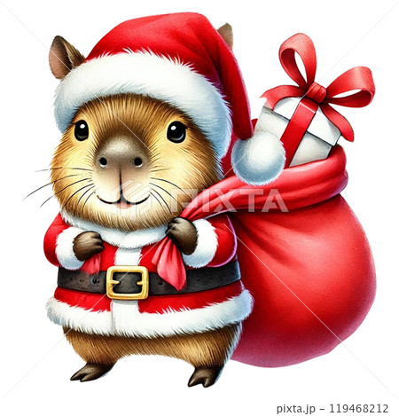Cute Christmas guinea pig with a Santa hat and gift bag. 119468212