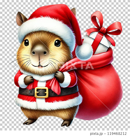 Cute Christmas guinea pig with a Santa hat and gift bag. 119468212