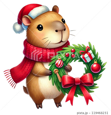 Festive hamster with Santa hat and Christmas wreath decoration 119468231