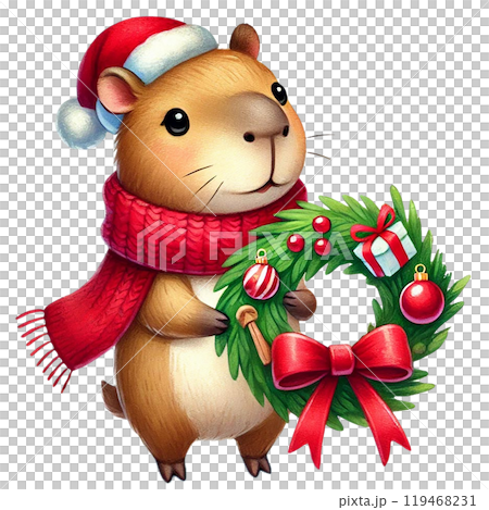 Festive hamster with Santa hat and Christmas wreath decoration 119468231