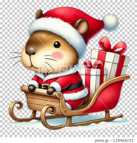 Guinea pig in Santa outfit riding a sleigh with gifts. 119468232