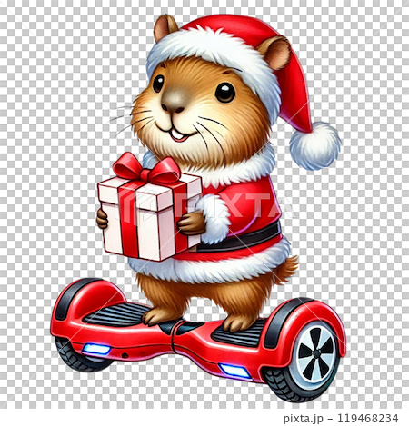 Guinea pig in Santa outfit with a gift on a hoverboard. 119468234