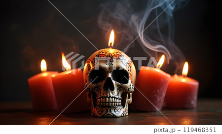 Skull Candles with Smoke Rising day of the dead Skull Candles with Smoke Rising day of the dead 119468351