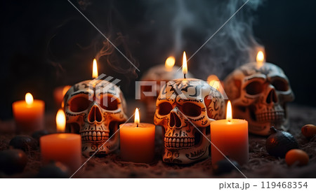 Skull Candles with Smoke Rising day of the dead 119468354