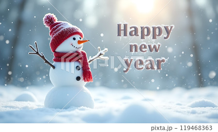 Snowman with a Scarf and Hat in a Snowy Field happy new year 2025 119468363