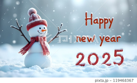 Snowman with a Scarf and Hat in a Snowy Field happy new year 2025 119468367