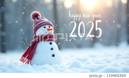 Snowman with a Scarf and Hat in a Snowy Field happy new year 2025 Snowman with a Scarf and Hat in a Snowy Field happy new year 2025 119468369