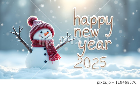 Snowman with a Scarf and Hat in a Snowy Field happy new year 2025 119468370
