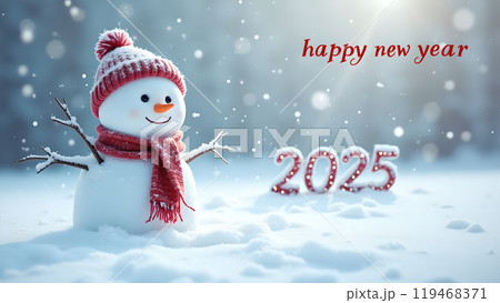 Snowman with a Scarf and Hat in a Snowy Field happy new year 2025 119468371