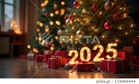 Christmas Presents Under a Decorated Tree happy new year 2025 119468444
