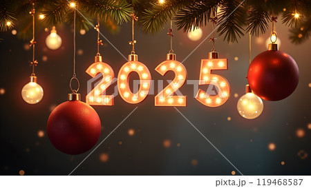 Christmas Baubles Hanging with Twinkling Lights happy new year 2025 Christmas Baubles Hanging with Twinkling Lights happy new year 2025 119468587