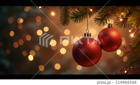 Christmas Baubles Hanging with Twinkling Lights happy new year 2025 119468588