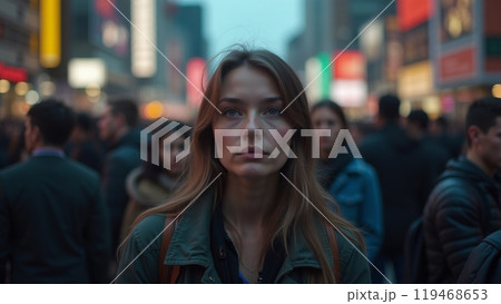 Depressed young woman feeling alone amid a crowd of people in a big city 119468653