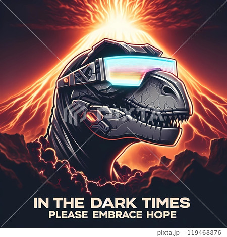 Dinosaur wearing glasses with text below that says "In the dark times please embrace hope". Dinosaur wearing glasses with text below that says "In the dark times please embrace hope". 119468876