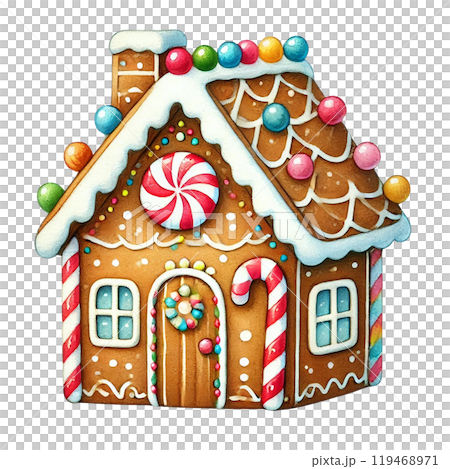 Colorful gingerbread house with icing and candy, white isolated background 119468971