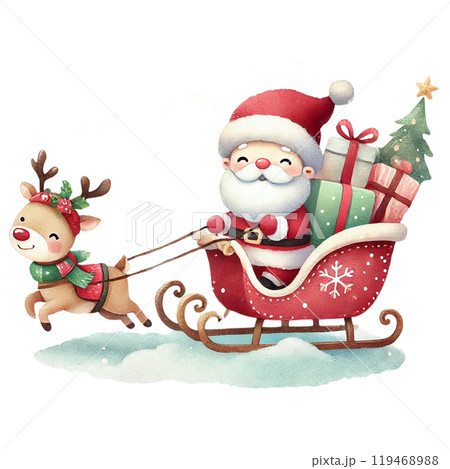 Santa Claus with a reindeer pulling a sleigh filled with gifts on a snowy background. Santa Claus with a reindeer pulling a sleigh filled with gifts on a snowy background. 119468988