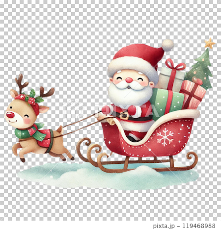 Santa Claus with a reindeer pulling a sleigh filled with gifts on a snowy background. Santa Claus with a reindeer pulling a sleigh filled with gifts on a snowy background. 119468988
