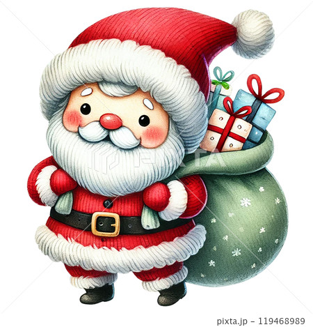 Santa Claus with gifts in a green bag, festive spirit, white isolated background. 119468989