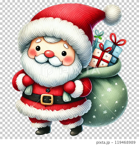 Santa Claus with gifts in a green bag, festive spirit, white isolated background. 119468989