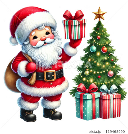 Santa Claus with gifts next to a decorated Christmas tree, white isolate background. Santa Claus with gifts next to a decorated Christmas tree, white isolate background. 119468990