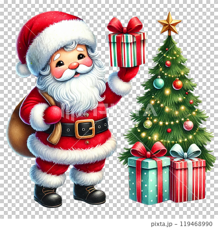 Santa Claus with gifts next to a decorated Christmas tree, white isolate background. Santa Claus with gifts next to a decorated Christmas tree, white isolate background. 119468990